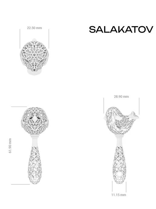 Salakatov Погремушка птичка серебро 925, серебристый, фото 2